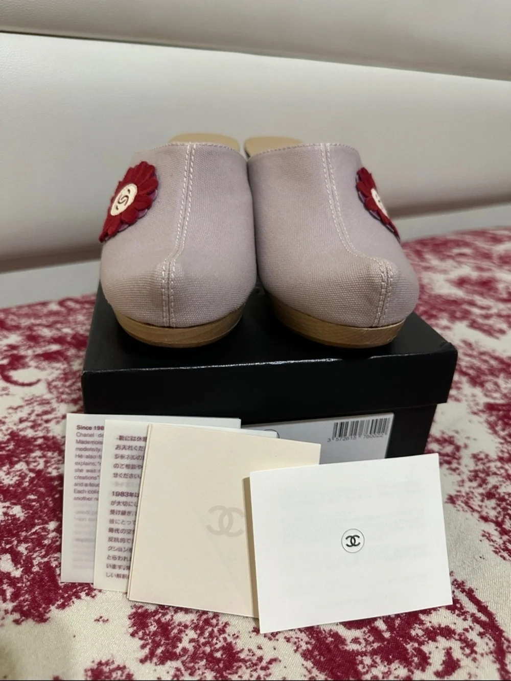 CHANEL Light Purple Canvas Mules with Red Flower Accent